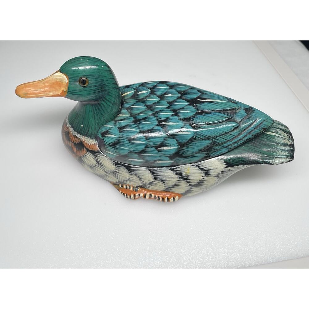 Vintage Ceramic Mallard Decoy Duck Trinket Jewelry Box Vibrant Colors Green Teal
